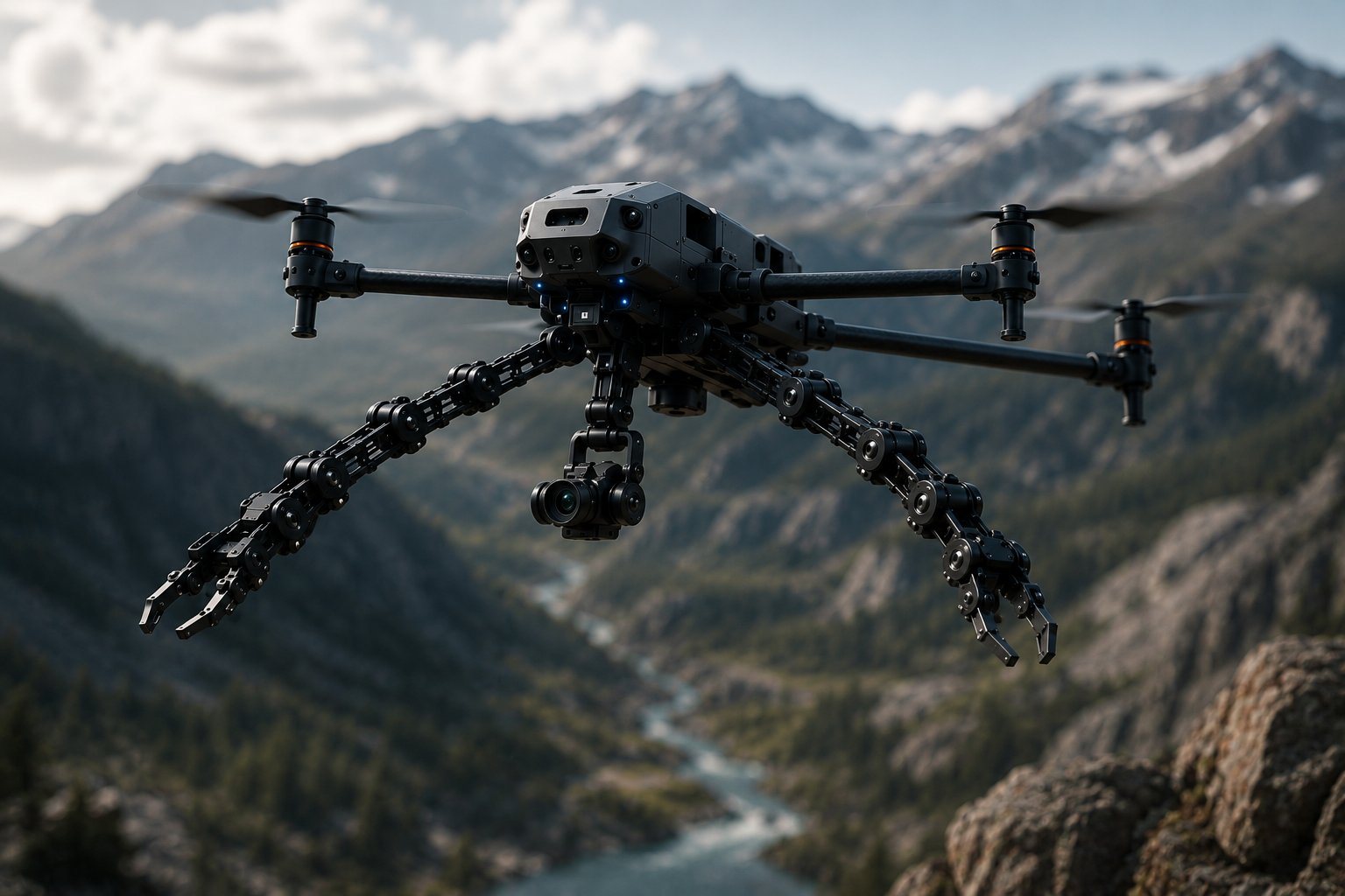 Close detail of the DroneSynapse adaptive aerial vehicle in flight, its articulated robotic arms extended.