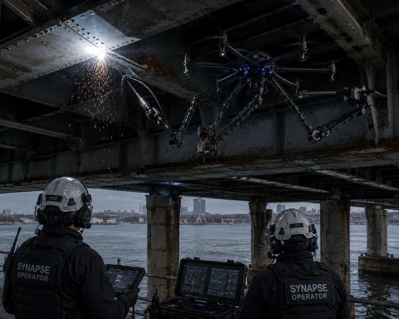 DroneSynapse vehicle inspecting and repairing the underside of a bridge.