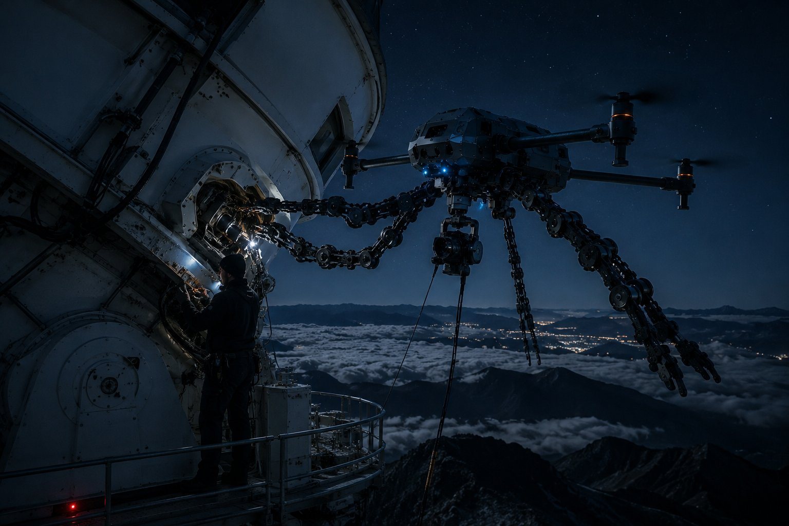 A DroneSynapse vehicle performing precision maintenance on a mountaintop observatory at night.