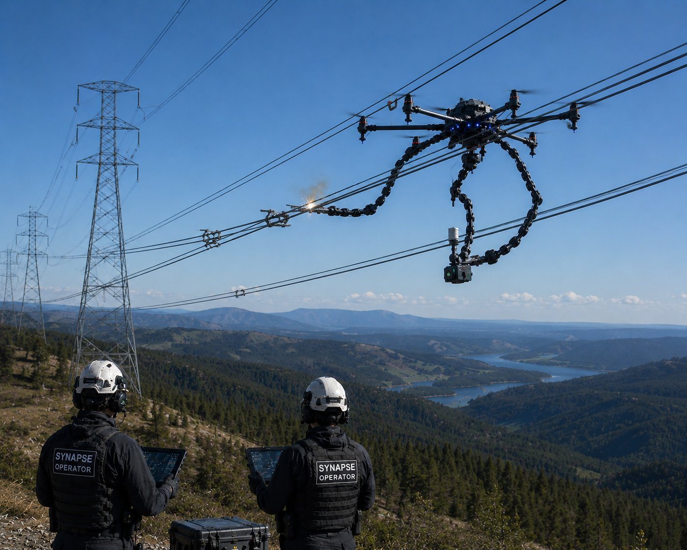 A DroneSynapse adaptive aerial vehicle working on high-voltage transmission lines while two Synapse operators monitor from the ridge.