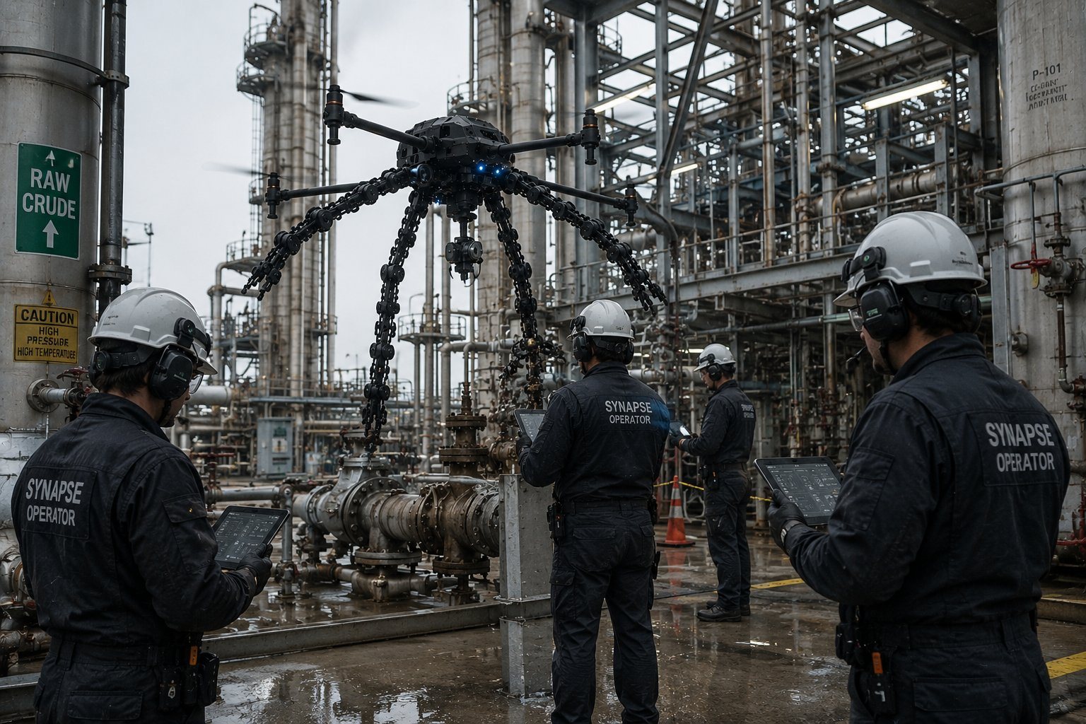 DroneSynapse vehicle operating among the pipework of an industrial refinery.