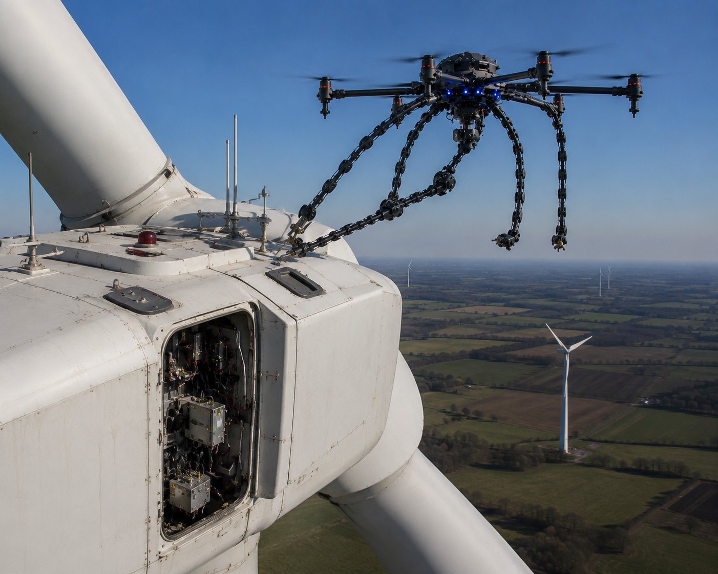 DroneSynapse vehicle inspecting a wind turbine nacelle in flight.